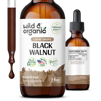 Wild &amp; Organic Black Walnut Tincture - Cleanse Detox with Black Walnut - Vegan Black Walnut Hulls for Digestive Health - Alcohol-Free Black Walnut Hull Extract for Gut Detox Cleanse - 2 oz