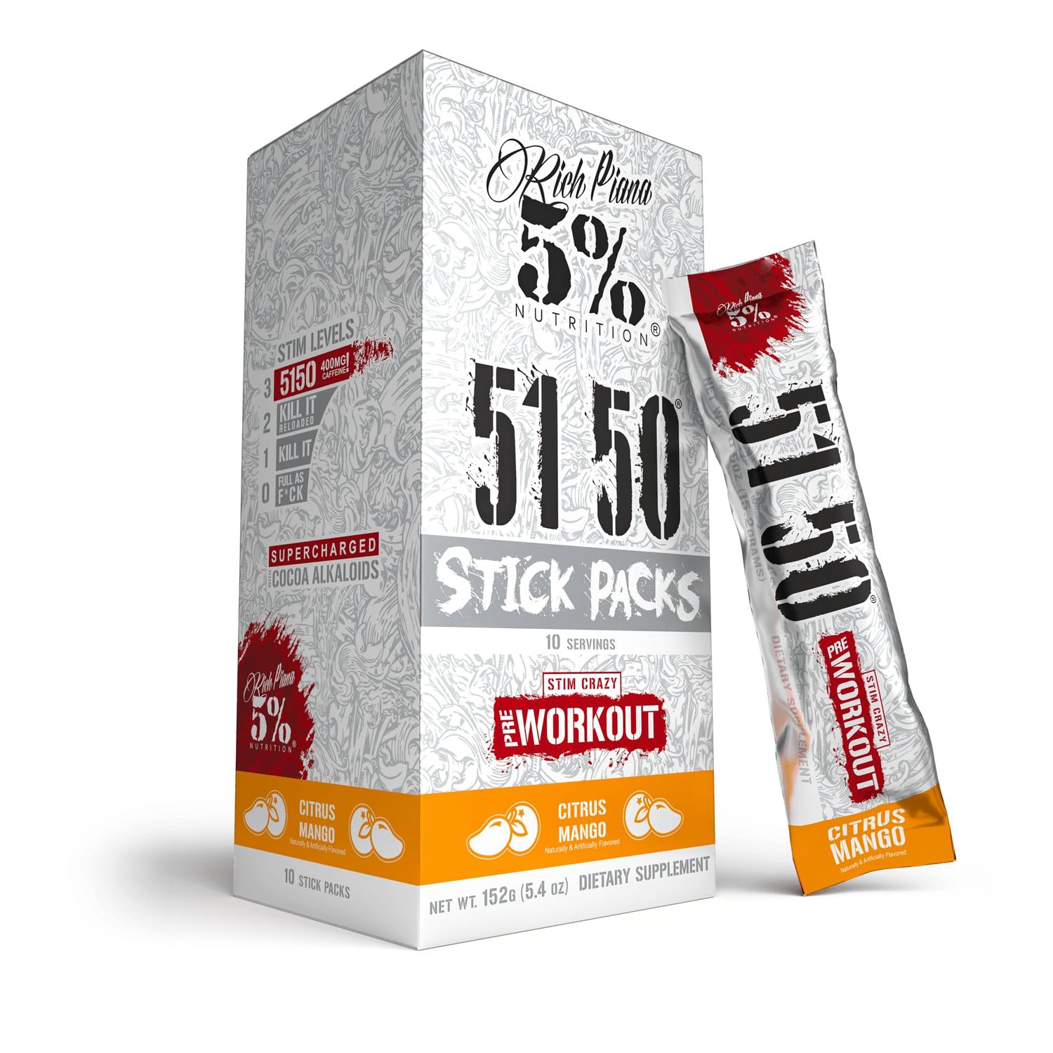 5% Nutrition Rich Piana 5150 High Stim Pre-Workout Powder Packets | Extreme Energy, Focus, Pumps &amp; Endurance | 513 mg Caffeine Complex, Citrulline, Beta Alanine, L-Tyrosine (Citrus Mango) (10 Count)