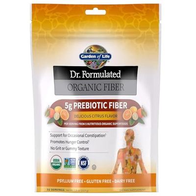 Garden of Life Dr Formulated Organic Fiber Supplement Powder Citrus, Sugar Free, Psyllium Free Prebiotic Superfoods, Constipation Relief and Hunger Control for Men and Women, 32 Servings