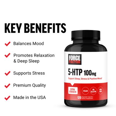 FORCE FACTOR 5HTP Sleep Aid and Mood Support Supplement, Extra Strength 5 HTP, Natural Sleep Supplement for Adults to Support Calm and Stress Balance, Vegan, Non-GMO, 120 Capsules