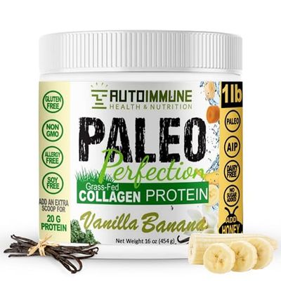 Paleo Perfection Vanilla Banana Grass Fed Beef Collagen Protein Powder Without Stevia - Paleo, Keto, SCD, AIP Protein Powder with Apple Fiber, Carrot &amp; Broccoli - 1lb Protein Powder &amp; Superfood Blend