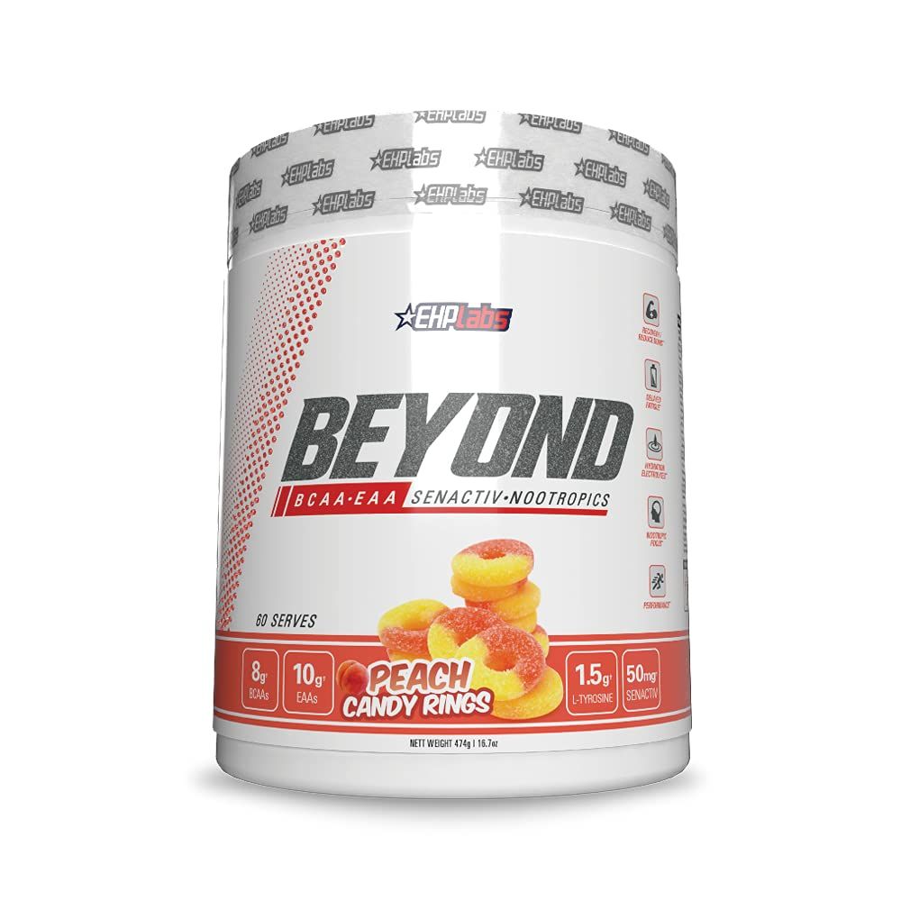 EHP Labs Beyond BCAA Powder Amino Acids Post Workout Recovery - BCAAs Essential Amino Acids EAA Supplements Powder - 10g Amino Acids Supplement for Muscle Recovery - 60 Servings (Peach Candy Rings)