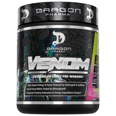DRAGON PHARMA Venom Extreme Potency Pre-Workout, Laser Sharp Focus + Energy, Intense Performance, Proven Ingredients for Enhanced Vasodilation &amp; Endurance (40 Servings, Watermelon)