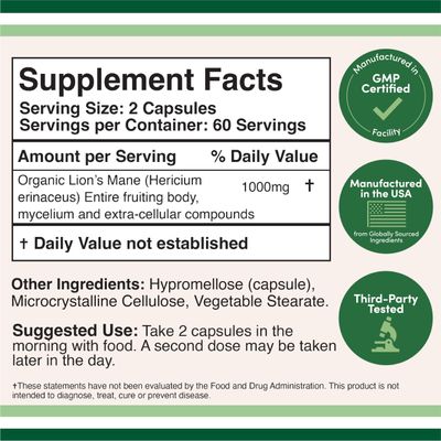 Organic Lions Mane Supplement - Grown in The USA - Two Month Supply - 120 Count - Mushroom Supplement for Brain Support and Immune Health (Third Party Tested) by Double Wood