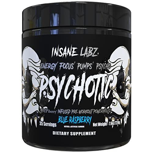 Insane Labz Psychotic Black Edition Mid Stimulant Pre Workout Powder, Energy Focus Pumps, Loaded with Creatine Beta Alanine Taurine Fueled by AMPiberry, 35 Servings (Blue Raspberry)