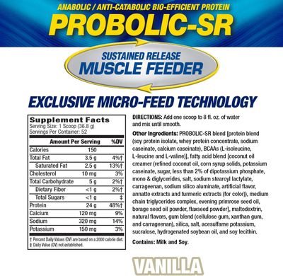 Maximum Human Performance Probolic-SR Sustained Release Protein Powder, 24g Protein, BCAAs, Glutamine, Arginine, Pre-Workout, Post-Workout, Nighttime Protein, 4lbs, 52 Servings, Vanilla