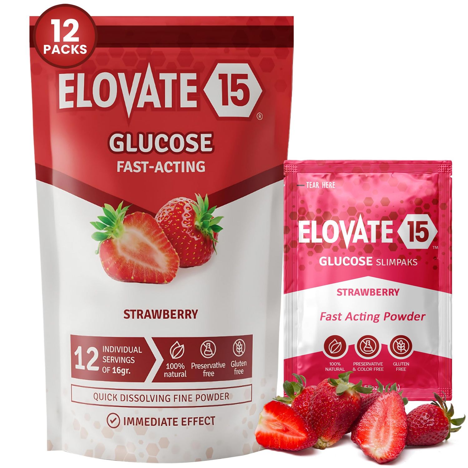 Elovate 15 Slimpaks Glucose Powder - Fast Acting Glucose Powder Packets - Alternative to Gels &amp; Tablets- FSA/HSA Eligible - Natural Flavor Dextrose Powder Stick (Strawberry, Pack of 12)