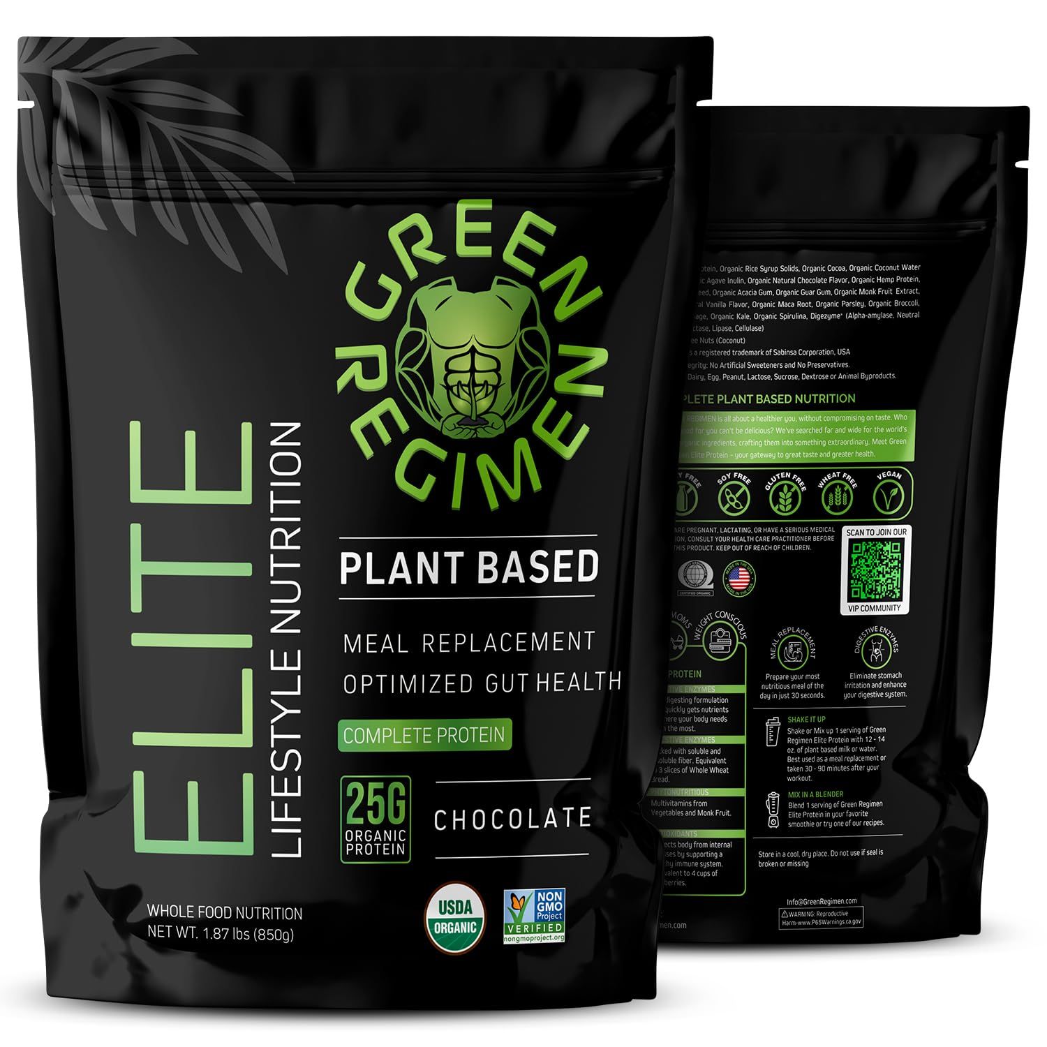 Green Regimen Elite Plant-Based Protein Powder - 25g Complete Hemp &amp; Pea Protein, Meal Replacement High-Protein Vegan Shake, NonGMO, Gluten-Free, Dairy-Free - (Chocolate - 1 Month Supply)