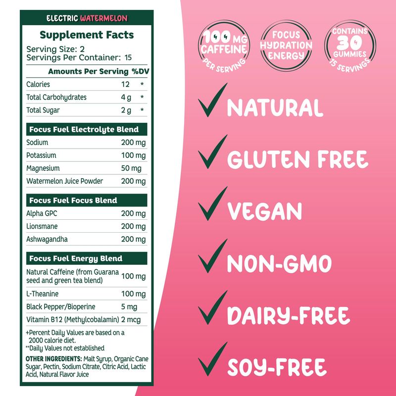 FocusFuel Energy + Focus Gummy, 100mg Caffeine per 2 Gummies, Includes B12, Magnesium, Electrolytes, All-Natural Ingredients for On-The-Go, No Jitters or Crash (Watermelon Flavor - 30 Chews, 3.17oz)