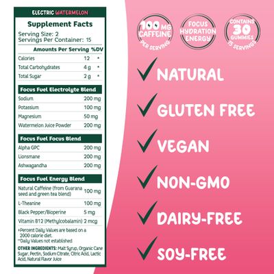 FocusFuel Energy + Focus Gummy, 100mg Caffeine per 2 Gummies, Includes B12, Magnesium, Electrolytes, All-Natural Ingredients for On-The-Go, No Jitters or Crash (Watermelon Flavor - 30 Chews, 3.17oz)