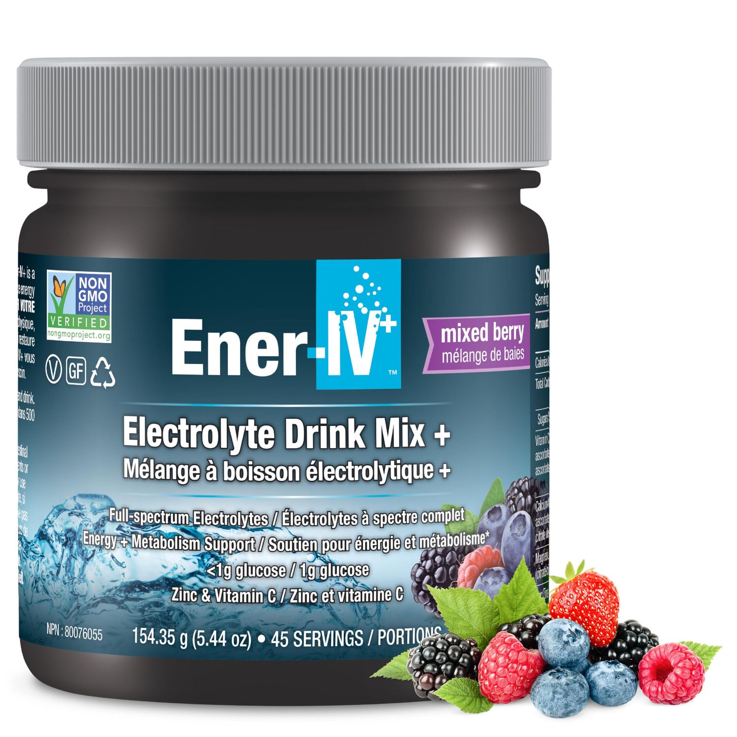 Ener-IV Electrolyte Hydration &amp; Energy Drink Mix Potassium Zinc &amp; Vitamin C Electrolytes Powder - Muscle Recovery &amp; Immunity Sports Drinks for Women &amp; Men, Low Sugar Non-GMO, Mixed Berry - 45 Servings