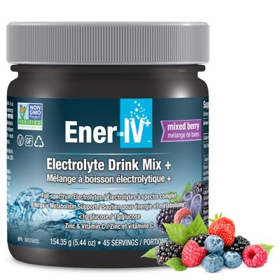 Ener-IV Electrolyte Hydration &amp; Energy Drink Mix Potassium Zinc &amp; Vitamin C Electrolytes Powder - Muscle Recovery &amp; Immunity Sports Drinks for Women &amp; Men, Low Sugar Non-GMO, Mixed Berry - 45 Servings