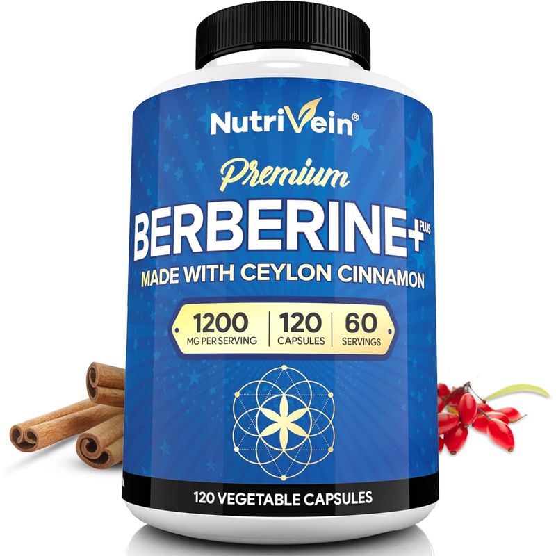 Nutrivein Premium Berberine HCL 1200mg Plus Organic Ceylon Cinnamon - 120 Capsules - Supports Immune System, Weight Management - Berberine HCI Supplement
