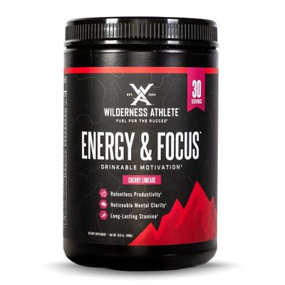 Wilderness Athlete - Energy &amp; Focus | Energy Booster for Women &amp; Men - Energy Drink Mix with Natural Caffeine - Low-Carb, Zero Sugar Energy Drink Powder - 30 Serving Energy Drink Tub (Cherry Limeade)