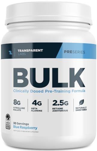 Transparent Labs Bulk Pre Workout Powder - Naturally Sweetened Advanced Pre-Workout Formula for Muscle Building and Strength - 30 Servings, Blue Raspberry