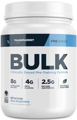 Transparent Labs Bulk Pre Workout Powder - Naturally Sweetened Advanced Pre-Workout Formula for Muscle Building and Strength - 30 Servings, Blue Raspberry