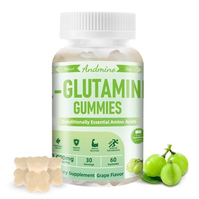 andmino L-Glutamine Gummies 1000 mg, with Trehalose, L Glutamine Supplement Support Intestinal, Boost Immune &amp; Muscle Health, for Adults &amp; Kids, Non-GMO, Vegan, Gluten Free, Grape Flavor, 60