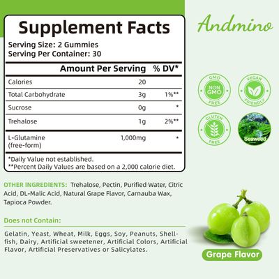 andmino L-Glutamine Gummies 1000 mg, with Trehalose, L Glutamine Supplement Support Intestinal, Boost Immune & Muscle Health, for Adults & Kids, Non-GMO, Vegan, Gluten Free, Grape Flavor, 60