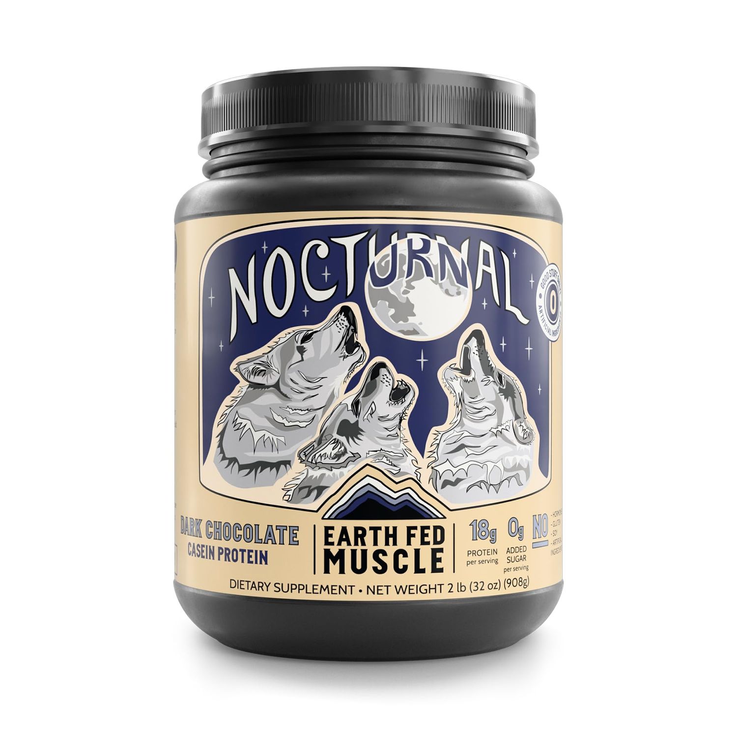 Earth Fed Muscle Nocturnal Casein/Whey Protein Blend. Helps Keep You Full, Overnight Muscle Recovery, Rich Dark Chocolate Flavor - 18g Protein, 23 Servings - Sugar Free, Keto, Soy Free, Gluten Free.
