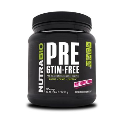 NutraBio PRE Stim Free - Caffeine Free Pre Workout Powder - Sustained Energy, Mental Focus, Endurance - Clinically Dosed Formula - Beta Alanine, Creatinine - Watermelon