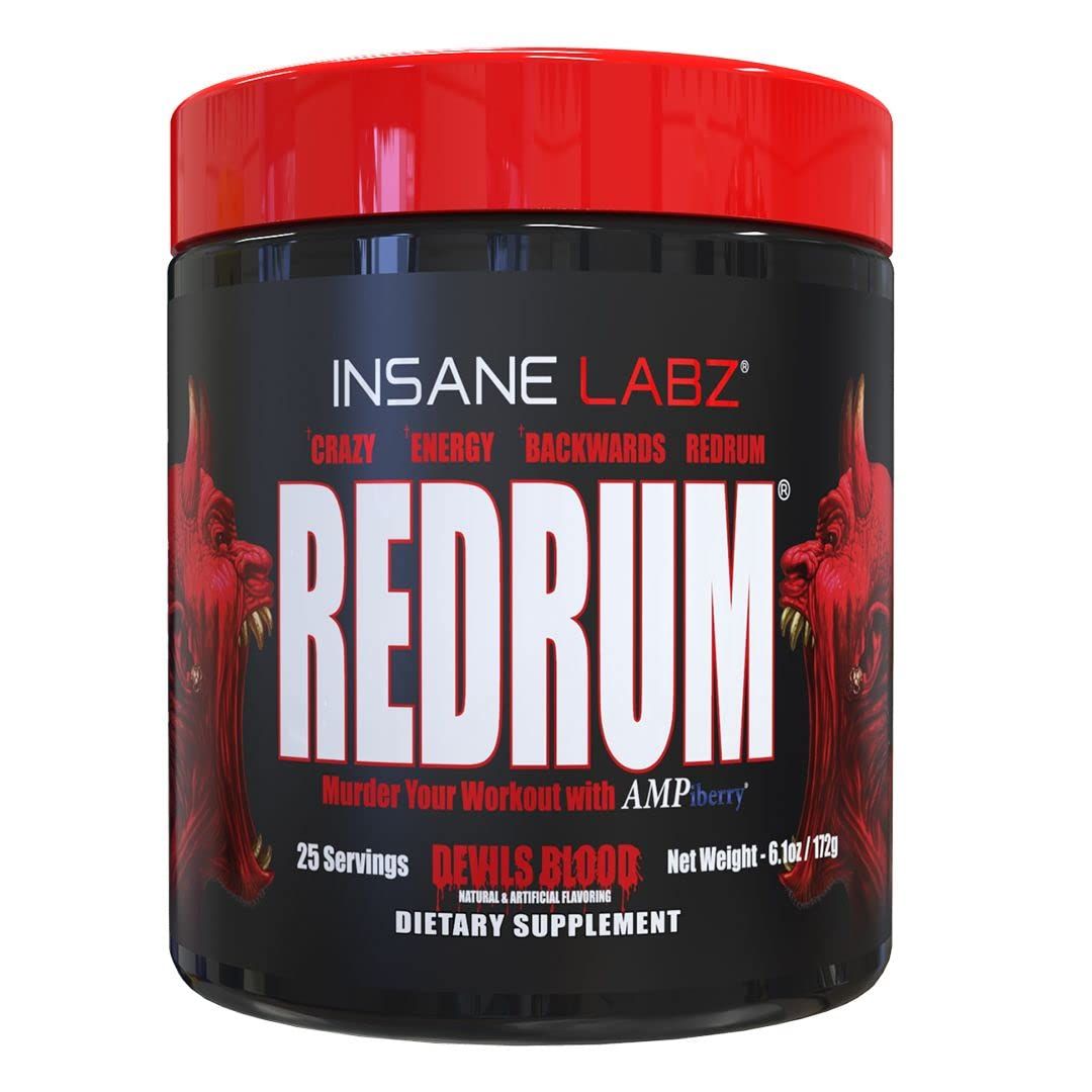 Insane Labz Redrum High Stim Pre Workout NO Booster Powder, Loaded with Beta Alanine Agmatine Sulfate Taurine Fueled by AMPiberry, OXYgold,Focus Strength Recovery,25 Srvgs Devil&#39;s Blood Black Cherry