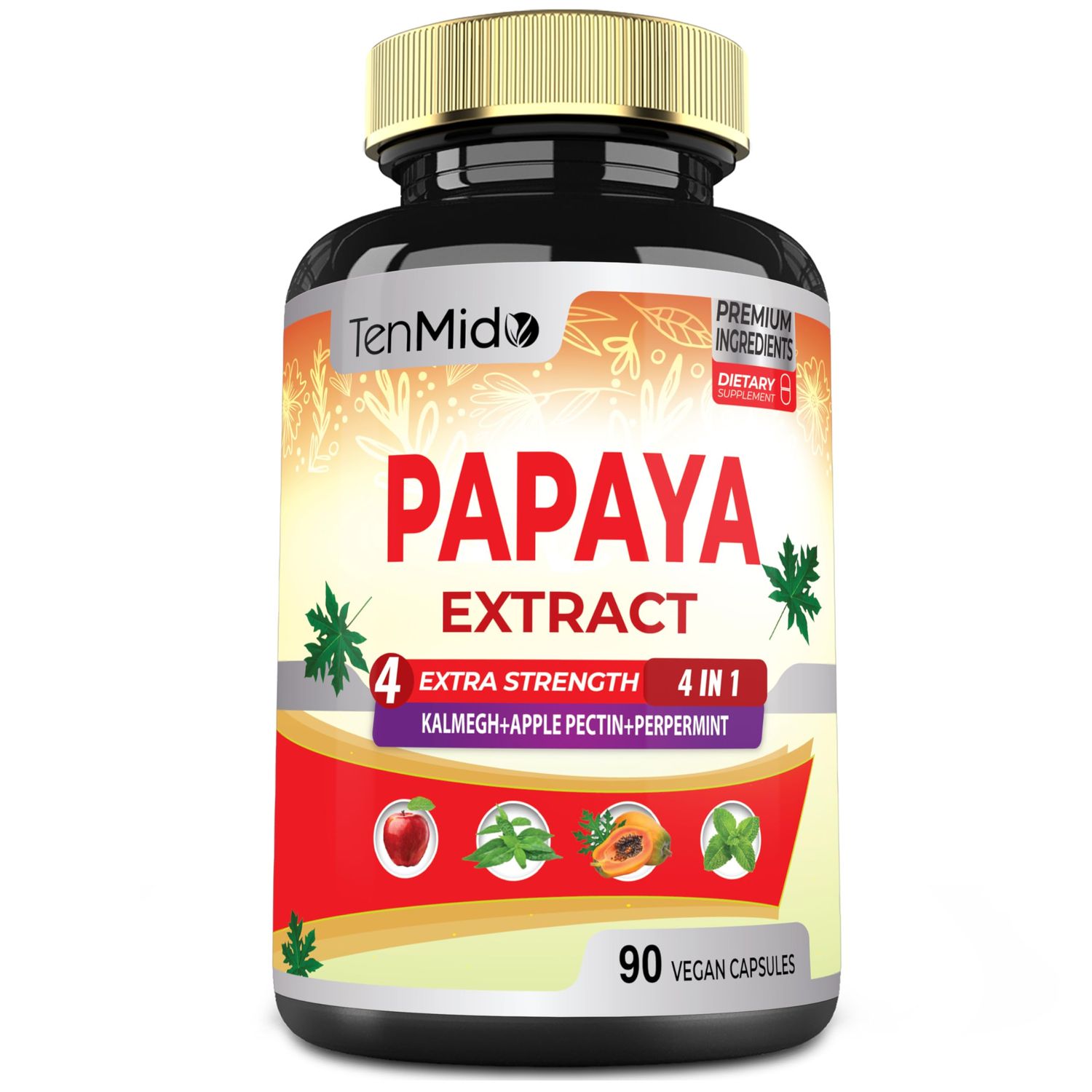 Papaya Leaf Extract Supplements Capsules, 3 Months Supply with Kalmegh, Apple Pectin, Peppermint - Improved Digestion Function - 90 Vegan Capsules