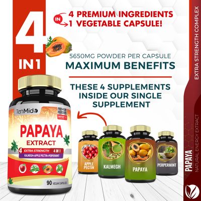 Papaya Leaf Extract Supplements Capsules, 3 Months Supply with Kalmegh, Apple Pectin, Peppermint - Improved Digestion Function - 90 Vegan Capsules