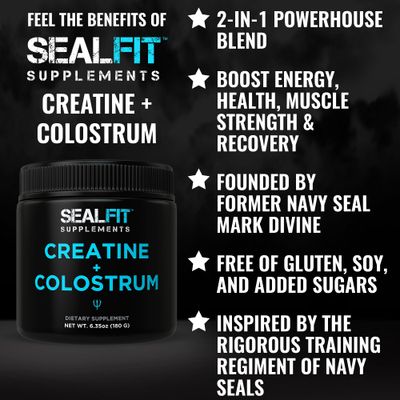 SEALFIT Creatine + Colostrum. Creatine Monohydrate + Grass Fed Bovine Colostrum Powder. 2-in-1 Superfood Supplement for Energy, Strength, Recovery, Immune Support, and Gut Health. for Men &amp; Women.