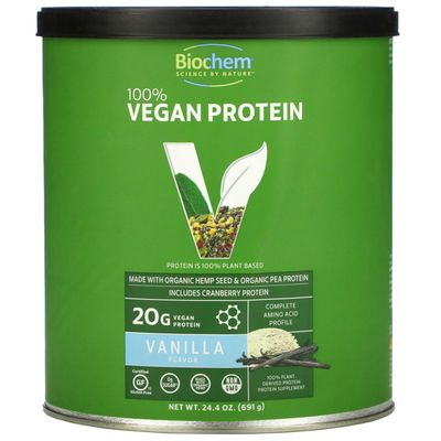 Biochem Country Life Vegan Protein Powder, 20g Pure Plant-Based Protein per Serving, Organic Pea, Hemp &amp; Cranberry, Soy-Free, Gluten-Free, Vanilla, 1.5 lb