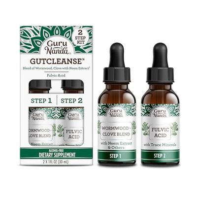 GuruNanda Gutcleanse 2-Step Kit - Dietary Supplement to Help with Digestion - Blend of Fulvic Acid, Wormwood, Clove &amp; Neem Extract, 2x1 FlOz