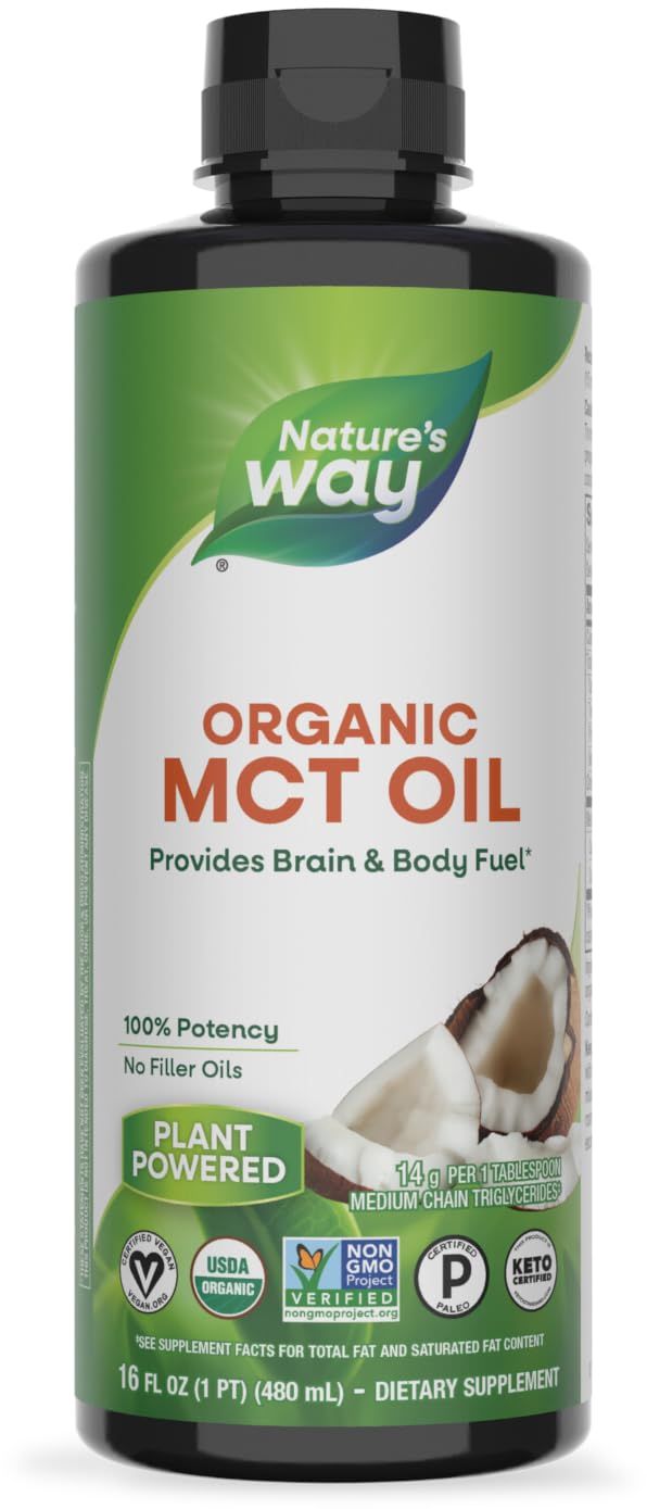 Nature&#39;s Way Organic MCT Oil, 16 Fl Oz, Brain and Body Fuel from Coconuts*, C8 Caprylic Acid and C10 Capric Acid, Keto and Paleo Certified, Organic, Non-GMO Project Verified (Packaging May Vary)