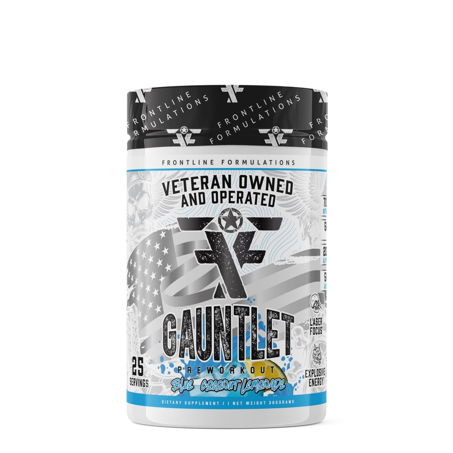 FRONTLINE FORMULATIONS Gauntlet Pre-Workout Powder, Explosive Workouts, Laser Focus, Mid Stim, Amazing Flavor, Veteran Owned and Operated (25 Servings, Blue Coconut Lemonade)