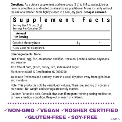Bluebonnet Nutrition Micronized Creatine Monohydrate 5 g - Supports Lean Muscle Mass* - Non-GMO, Vegan, Kosher Certified, Gluten-Free, Soy-Free, Milk-Free - Unflavored, 10.58 OZ, 60 Servings