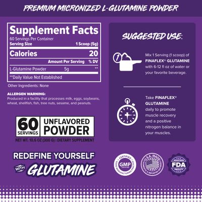 FINAFLEX Pure GLUTAMINE, Unflavored - 10.6 oz - Ultimate Muscle Recovery Powder - Reduces Muscle Breakdown &amp; Supports Nitrogen Levels - 100% Pure L-Glutamine - 60 Servings