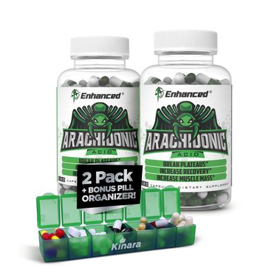 Enhanced Athlete - Arachidonic Acid Supplement - Muscle and Strength Supplement for Increased Muscle Mass &amp; Improved Recovery for Men &amp; Women (120 Capsules) - 2 Pack with Kinara Pill Organizer
