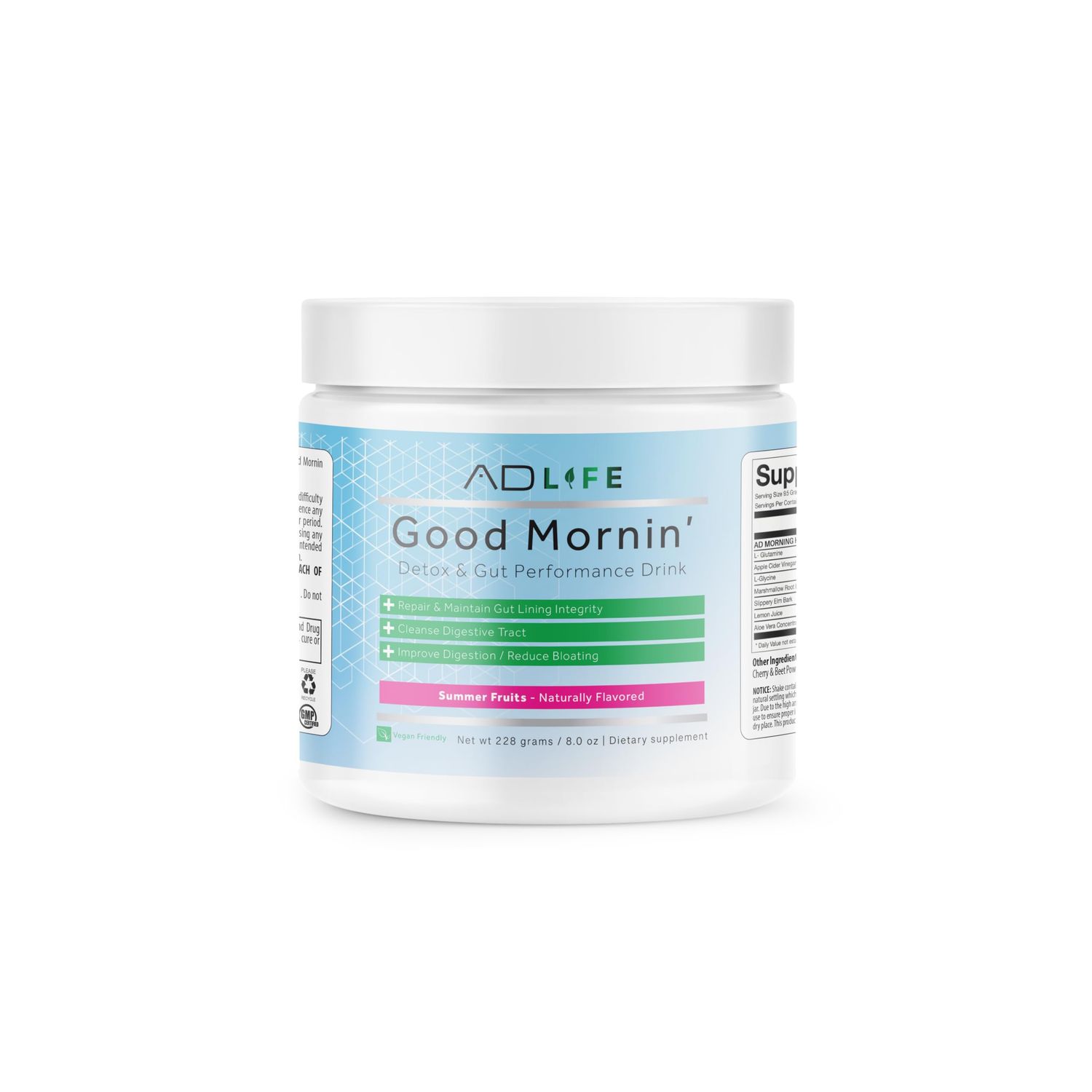 Project AD Life Good Morning Detox and Performance Drink, Naturally Flavored and Formulated with L-GLutamine, Apple Cider Vinegar, and Aloe Vera (24 Servings, Summer Fruits)