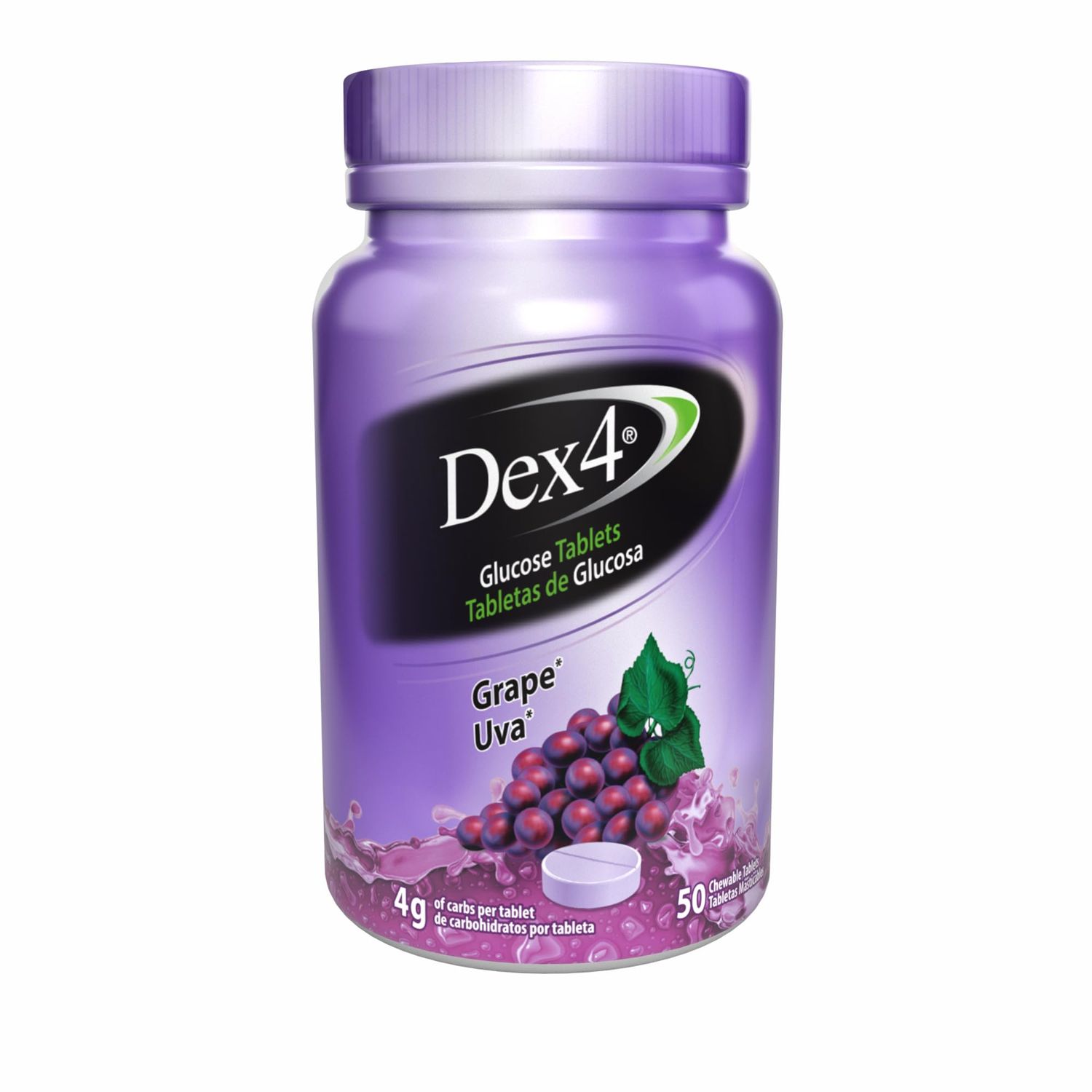 Dex4 Glucose Tablets, Grape, 50 Count Bottle, Each Tablet Contains 4g of Carbs