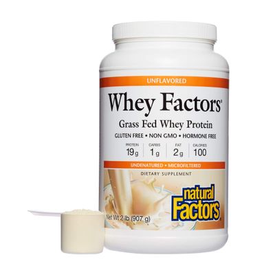Whey Factors by Natural Factors, Grass Fed Whey Protein Concentrate, Aids Muscle Development and Immune Health, Unflavored, 2 lb