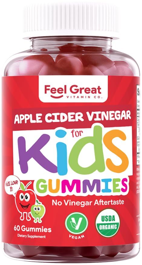 Organic Kids Apple Cider Vinegar Gummies by Feel Great Vitamins | Rich in Digestive Enzymes &amp; Natural Antioxidants for Gut Health | Kids Gummy Supports Healthy Nutrient Absorption | 60 Day Supply