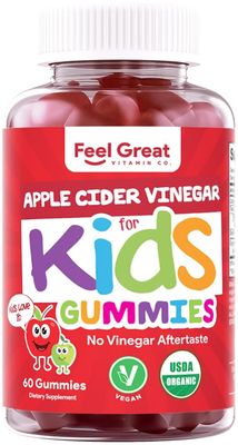 Organic Kids Apple Cider Vinegar Gummies by Feel Great Vitamins | Rich in Digestive Enzymes &amp; Natural Antioxidants for Gut Health | Kids Gummy Supports Healthy Nutrient Absorption | 60 Day Supply