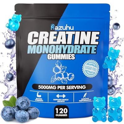 Razuhu Creatine Monohydrate Gummies for Men &amp; Women,5g of Creatine Monohydrate per Serving for Supports Muscle Growth,Strength,Performance,Sugar Free,Vegan,Pre-Workout Supplement(120 Count)-Blueberry