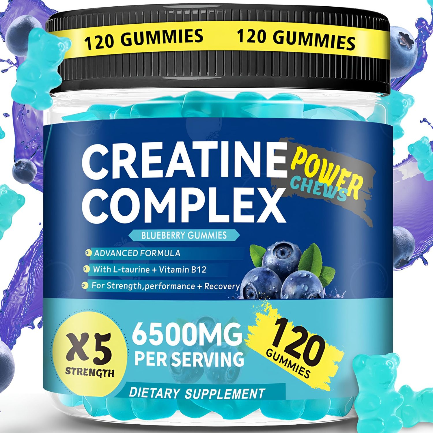 Creatine Monohydrate Gummies 6500mg per Serving for Men &amp; Women - 120 Gummies X5 Strength Sugar Free Chewable Creatine for Muscle Builder, Muscle Strength, Pre-Workout Supplement (Blueberry)