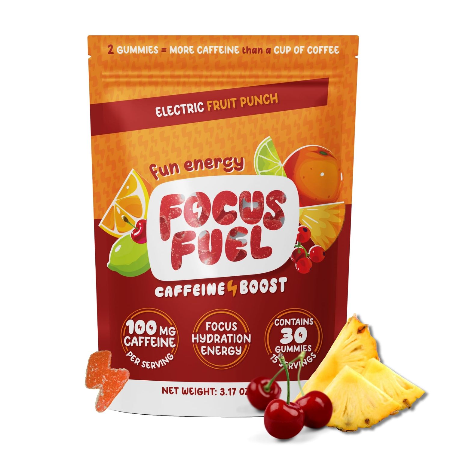 FocusFuel Energy Chews - Focus + Energy Gummies, 100mg Caffeine per 2 Gummies, Includes B12, Magnesium, Electrolytes, All-Natural Ingredients (Fruit Punch - 30 Chews, 3.17oz)