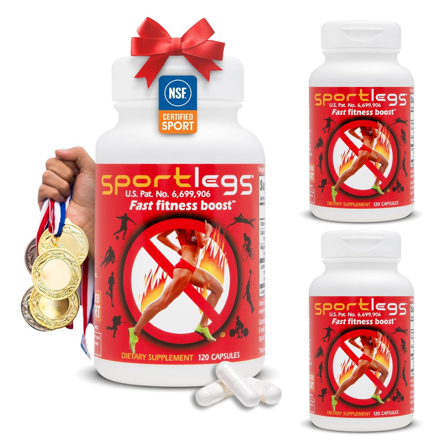 SPORTLEGS Fast Fitness Boost Pre Workout Lactic Acid Supplement, Sports Endurance Fuel - NSF Certified for Sport, 120-Capsule Bottle, Pack of 3
