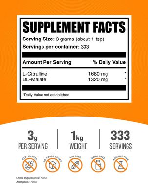 BulkSupplements.com L-Citrulline Malate 1:1 Powder - Citrulline Malate Powder, Citrulline Supplement - Unflavored & Gluten Free - 3g per Servings, 1kg (2.2 lbs) (Pack of 1)