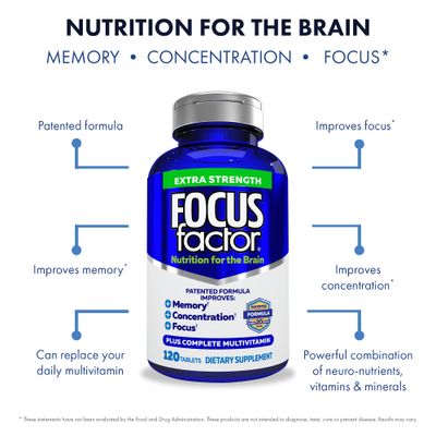 Focus Factor Adults Extra Strength, 120 Count - Brain Supplement for Memory, Concentration and Focus - Complete Multivitamin with DMAE, Vitamin D, DHA - Trusted Health Vitamins