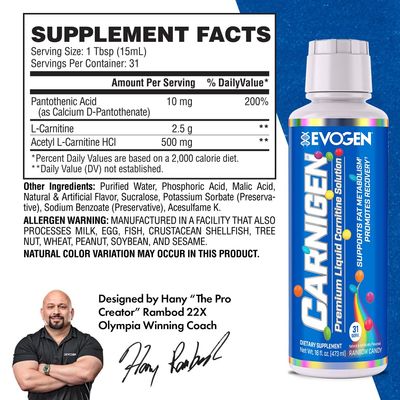 Evogen Carnigen - Liquid Carnitine | Supports Fat Metabolism & Recovery, Caffeine Free | L-Carnitine, Acetyl L-Carnitine | Rainbow Candy | 31 Servings