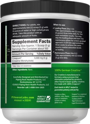 Fitness Labs German Creatine Monohydrate Powder | 1.1 lb | Creapure Fitness Supplement | 100 Servings
