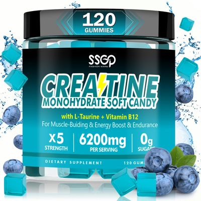 Creatine Monohydrate 6200 mg Soft Gummies for Men and Women - with Taurine and Vitamin B12, Enhances Energy -Muscular - Endurance - Vegetarian - Workout Supplement - Blueberry Gummies(120 Count)