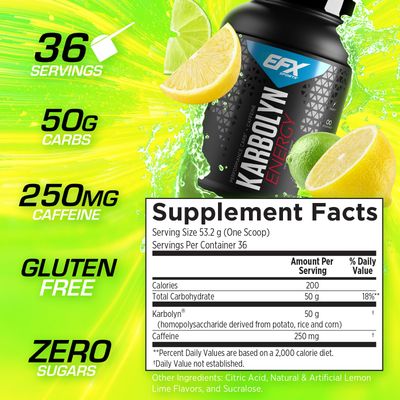 EFX Sports Karbolyn Energy | Performance Carbohydrate Powder + Caffeine | Carb Load & Energize | 250mg Caffeine | Sugar Free | 36 Servings (Lemon Lime)